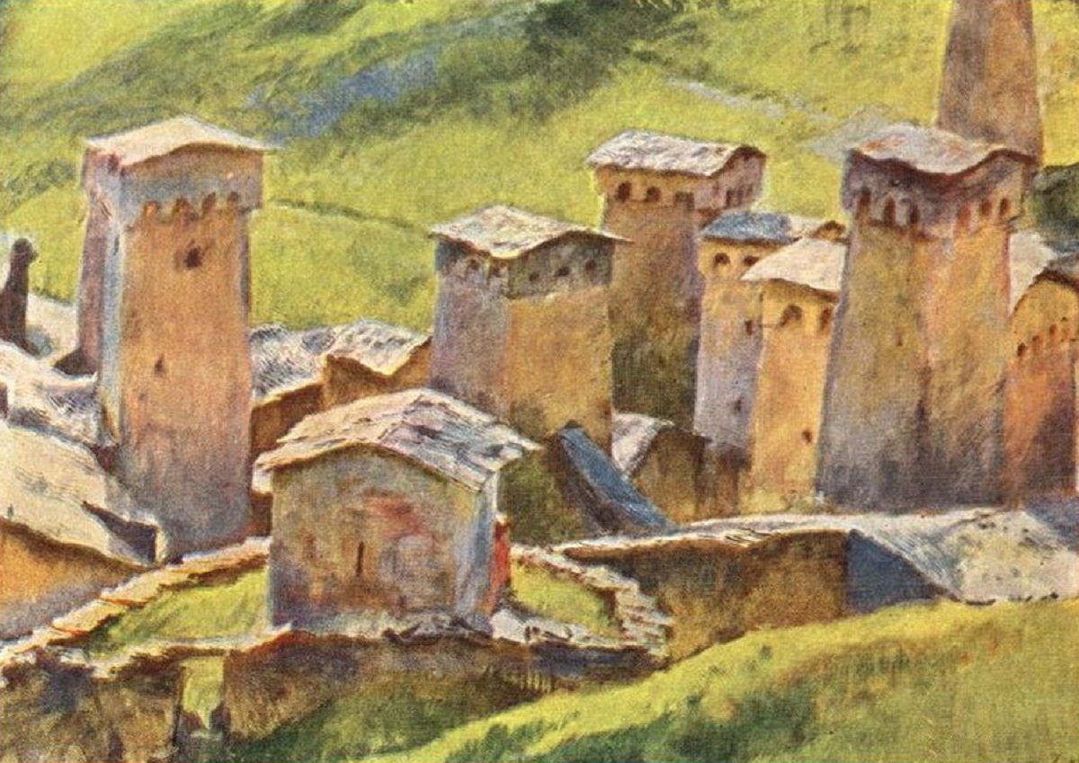 Картина Евгения Лансере Верхняя Сванетия, Вид на селение Чажаш, 1929 Картина Евгения Лансере Верхняя Сванетия, Вид на селение Чажаш, 1929