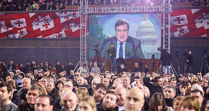 Михаил Саакашвили обращается к участникам съезда ЕНД с помощью Skype